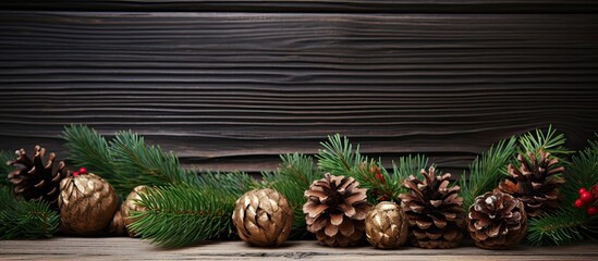Poster - Festive Christmas corner with conifer, ornaments, and pine cones setting against a backdrop of copy space image.
