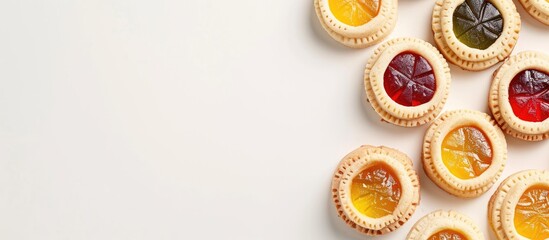 Wall Mural - Jelly-filled cookies displayed on a white backdrop with space for adding text or graphics.