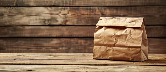 Leinwandbilder - Copy space image of a plain brown paper bag for lunch or food placed on a wooden table.