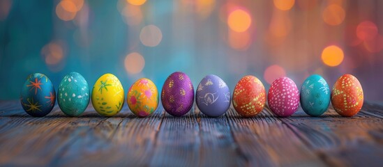 Aufkleber - Easter eggs decor in a row on a wooden surface for a festive background with copy space image.