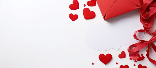 Poster - Valentine concept background with a red card featuring a heart-shaped clip on a white backdrop, conveying a message of love, with copy space image.