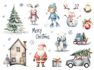 Wall Mural - Watercolor set of various Christmas elements: decorated tree, Santa, snowman, bunny, gifts and house isolated on white background.