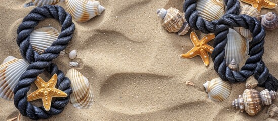 Aufkleber - A marine-themed scene with seashells, starfish, and a nautical black and white knot on sandy beach with free copy space image.