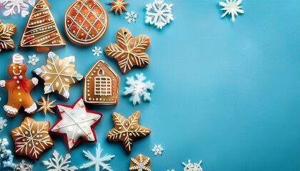 Christmas gingerbread cookies on blue. Merry Christmas and Happy New Year baking background. Flat lay style.