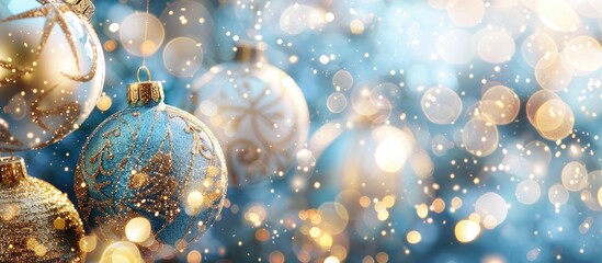 Aufkleber - Copy space image with a blurred shiny background featuring golden, white, and blue colors perfect for New Year and Christmas themes.