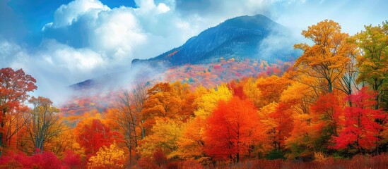 Poster - Autumn leaves blanket a picturesque mountain with vibrant colors, providing an ideal copy space image.