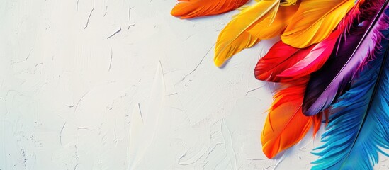 Fototapete - A stunning top-down photo with colorful feathers on a clean background, featuring copy space and vintage effects in bright light.