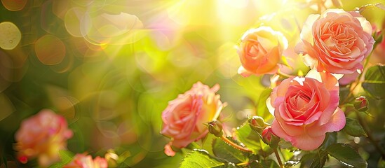 Poster - Brightly lit pink and yellow roses in sunlight, in a postcard-style composition with a blurred green backdrop, ideal for a copy space image.