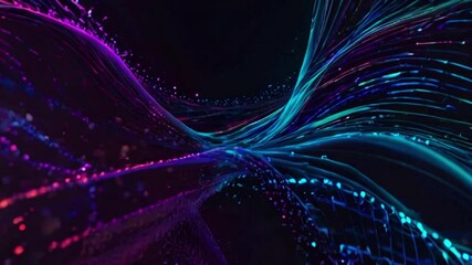 Wall Mural - Smooth gradient waves in blue and purple with particles gliding along, giving a sense of depth and motion, 4k Animation Video