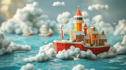 Wall Mural - town on big ship sailing in ocean, cute paper cut style illustration, nursery baby concept,