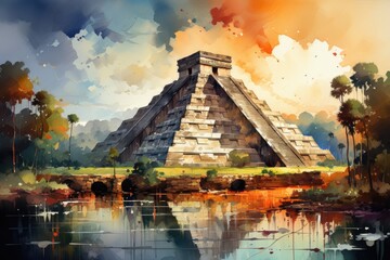 chichen itza pyramid in mexico aquarela painting design of the kukulkan aquarell, generative ia