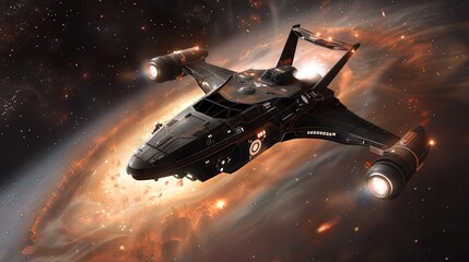 interstellar travel concept with a spaceship cruising through a nebula, with swirling gases and brig