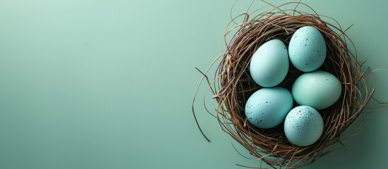 Poster - Blue Easter eggs set in a nest on a pastel green backdrop provide ample copy space image.