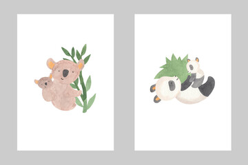 Set of two watercolor hand drawn poster with jungle animals such as koala and panda. Mother and baby postcards. Isolated for kids and nursery.