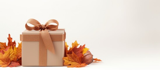 Poster - Crafted fall-themed gift wrapping with a present box featuring copy space image of a mockup card adorned with autumn leaves, along with dry leaves, flowers, and ribbon on a white background.