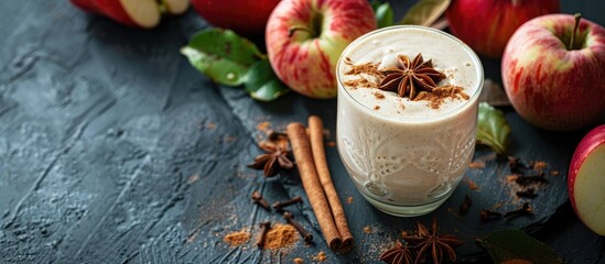 Wall Mural - Autumn-themed apple smoothie with cinnamon on a dark stone background. Ideal for copy space image.