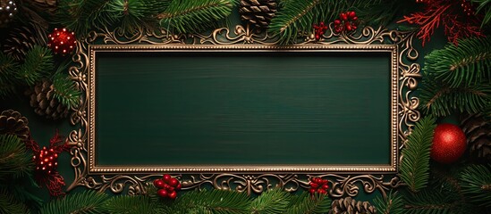 Aufkleber - Top-down angle of a wooden frame crafted from fir tree on vibrant backdrop featuring copy space image, embodying the spirit of Christmas.