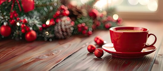Poster - Festive Christmas decor and a red coffee cup easily accessible as a copy space image.