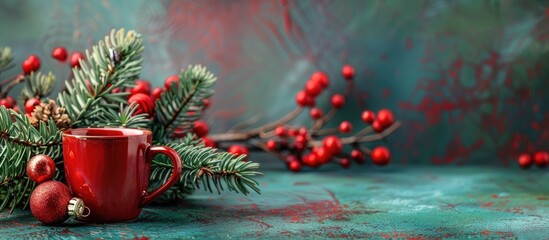 Canvas Print - Festive Christmas decor and a red coffee cup easily accessible as a copy space image.