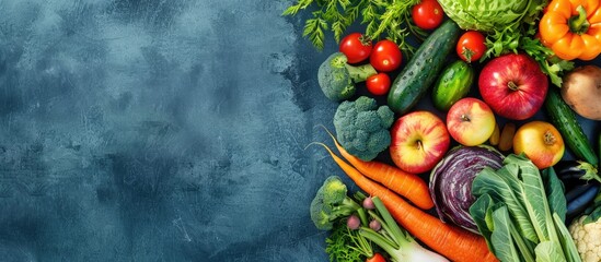 Poster - Top-down studio shot of various vibrant fruits and vegetables like carrots, beetroot, cucumbers, apples, and more with copy space image.