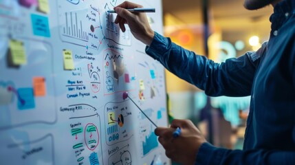 Aufkleber - A strategist presenting a strategic planning diagram with interconnected graphs on a whiteboard.