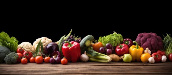 Poster - Various vegetables and fruits displayed on a rustic wooden table, promoting the concept of healthy eating with a copy space image.