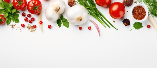 Canvas Print - Top-down view of tomatoes alongside garlic, greens, and spices on a white background with ample copy space image.