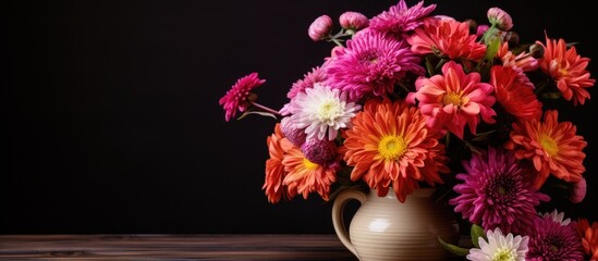 Sticker - Autumn flowers, beautiful asters in a vase on a table with a black backdrop, allowing for a text with a copy space image.