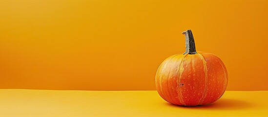 Poster - A single ripe pumpkin standing alone on a yellow background with ample copy space image.