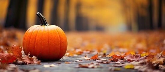 Poster - A pumpkin rests on colorful autumn leaves with a blank space for an image.