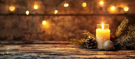Aufkleber - A warm-toned Christmas light illuminates a candle against a wooden backdrop, creating a cozy ambiance with copy space image.