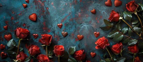 Wall Mural - Creative top view composition with Valentine's Day roses, hearts, and a natural background, ideal for text placement in a flat lay copy space image.