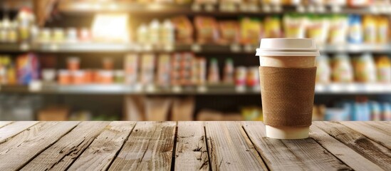 Aufkleber - Coffee cup on wooden table at a grocery store with copy space image.