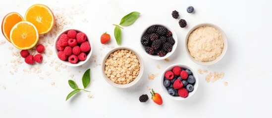 Wall Mural - Top view of raw and vegan oats presented on a white background for a brunch, creating a natural food image with copy space.