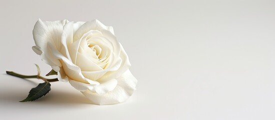 Aufkleber - A single, bright monochrome white rose blossom in high-key with fine art still life aesthetic against a white background, suitable for copy space image.