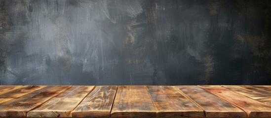 Canvas Print - Wooden plank table with copy space image for showcasing products, ideal for interior design or displaying items against a blank blackboard background, perfect for educational purposes.