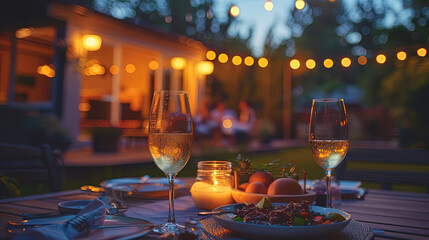 Outdoor cookout party with lamplight and african american family silhouettes blurred in the background