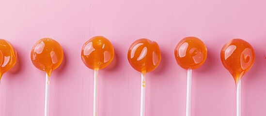 Sticker - Vibrant, tasty caramel lollipops on a pink backdrop in a minimalist design with room for text or images.