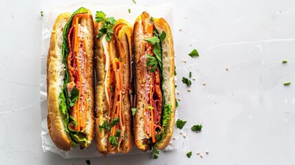 Two sandwiches with lettuce and carrots on top of a white table