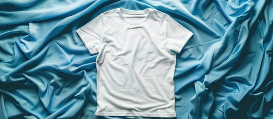 Leinwandbilder - Top view of a white T-shirt on a clothes background with an empty copy space image for mock-up purposes is displayed.