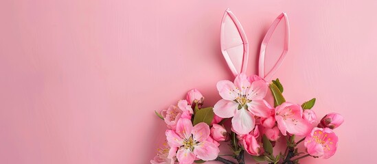 Fototapete - Pink paper rabbit ears and a round bouquet of fresh cherry or apple blossoms on a pink background create an Easter greeting card featuring a copy space image. Happy Easter theme with a mock-up.