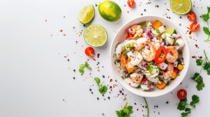 Wall Mural - A bowl of shrimp and vegetables with a white background