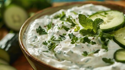 Wall Mural - A bowl of white dip with green herbs and cucumber slices