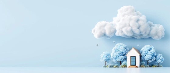  A house sits amidst a blue landscape, crowned by a cloud resembling a house