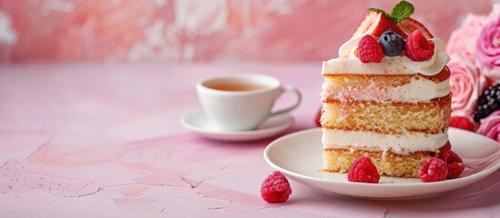 Poster - Cake on saucer and cup of tea on pastel paper background with copy space image.