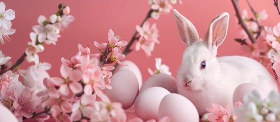Aufkleber - Easter greeting card featuring spring elements like flowers, rabbit, eggs, and traditional decor. Expresses holiday joy with a pink background, hard light, dark shadow, and space for text or images.