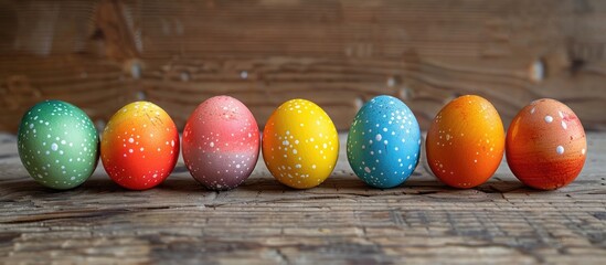 Aufkleber - Easter eggs decor in a row on a wooden surface for a festive background with copy space image.