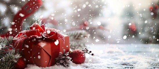 Poster - Decorating for the New Year's holiday with a beautiful gift against a snowy white backdrop in a close-up shot, providing a perfect copy space image.