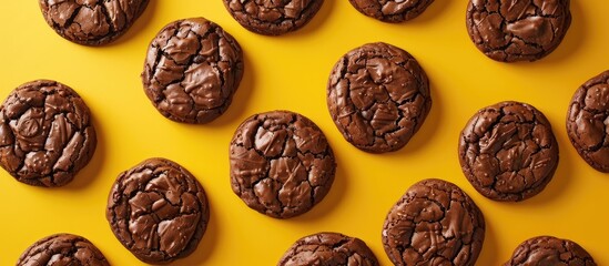 Poster - Delicious chocolate brownie cookies with a yellow backdrop featuring copy space image.