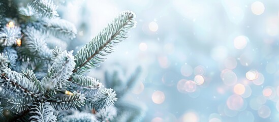 Aufkleber - Snow-covered Christmas tree branches with a blurred background, providing copy space image.
